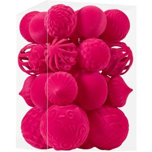 30pcs Velvet Christmas Ball Ornaments, Flocked Shatterproof Christmas Ornaments Hanging Xmas Tree Decorations Set for Home Party Holiday Decor (Multi-Size, Fuchsia Pink)