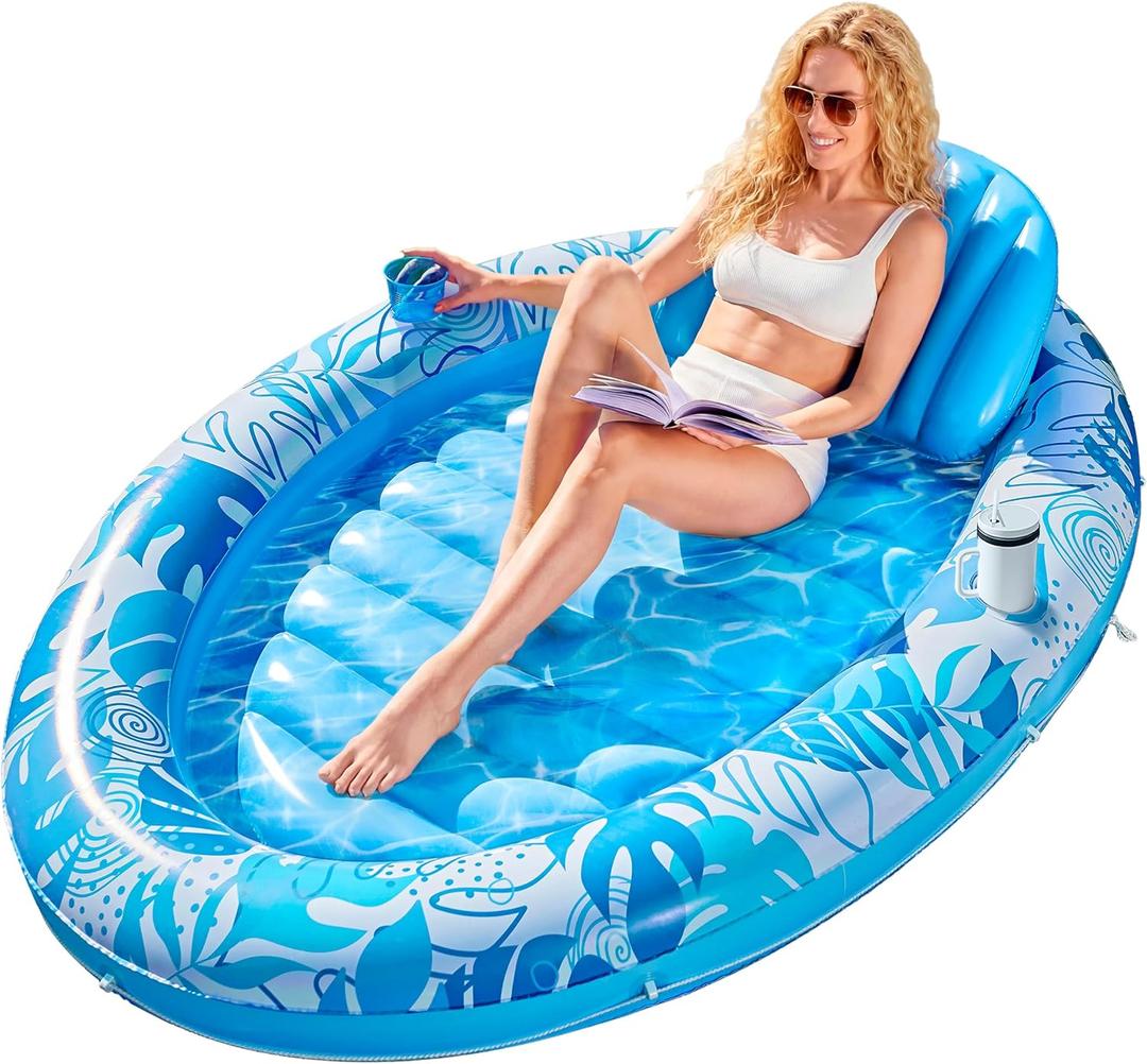 SLOOSH Inflatable Tanning Pool Lounger Float, 70" x 50" Pool Floats Adult with Pillow, 4 in 1 Oval Suntan Tub Raft Floatie,Sunbathing Bed Lounge for Water Blow Up Ball Pit Party Gifts