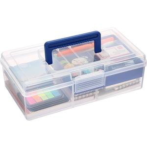 JUXYES Plastic Carry Storage Box with Removable Dividers, Clear Art Craft Supply Storage Bin Sewing Box with Handle Lid, 2 Layers Stationery Storage Case for School/Office Supplies