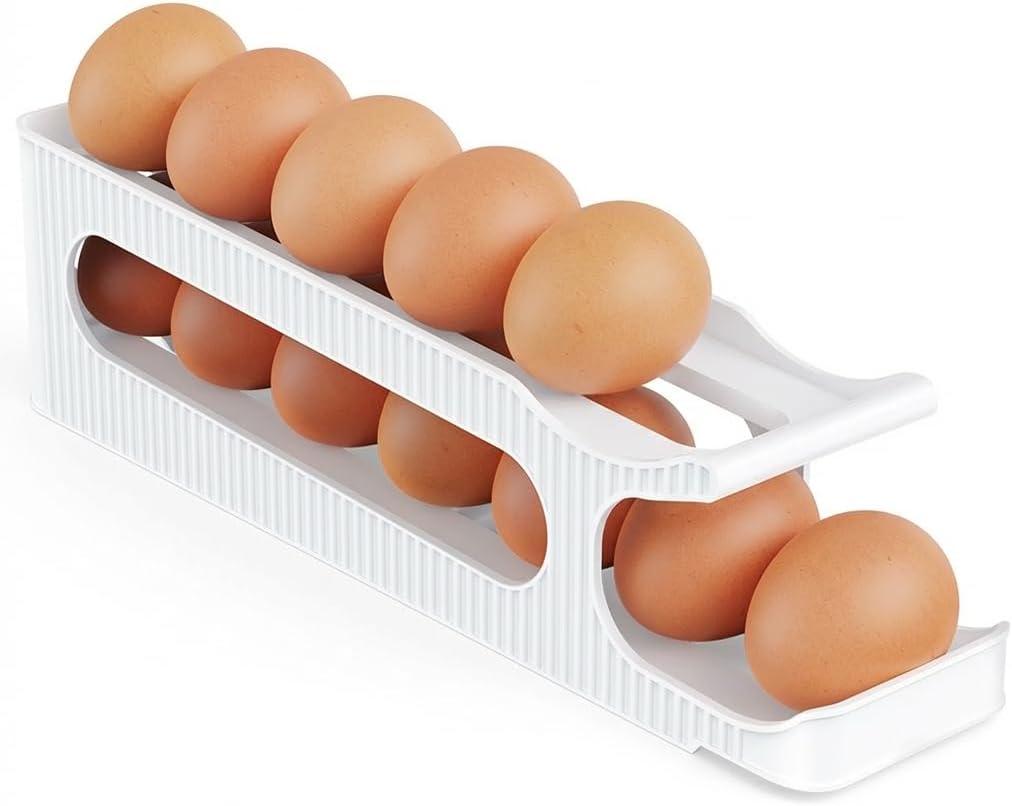 Sotfamily Egg Holder for Fridge, 2 Tiers Auto Rolling Egg Storage Organizer for Refrigerator, Slim Space Saving Container, Dispenser - Egg Roller for Eggs 12 Count