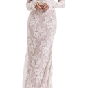 Women Vintage Cream Lace Maxi Dress Romantic Long Sleevees Lace Bodycon Dress L, White