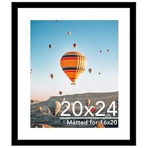 JCJMY 20x24 Picture Frame with 16x20 Mat, Display Photo 16x20 with Mat or 20 x 24 Without Mat, Wall Hanging Large 20 by 24 Poster Frame with Plexiglass, Black