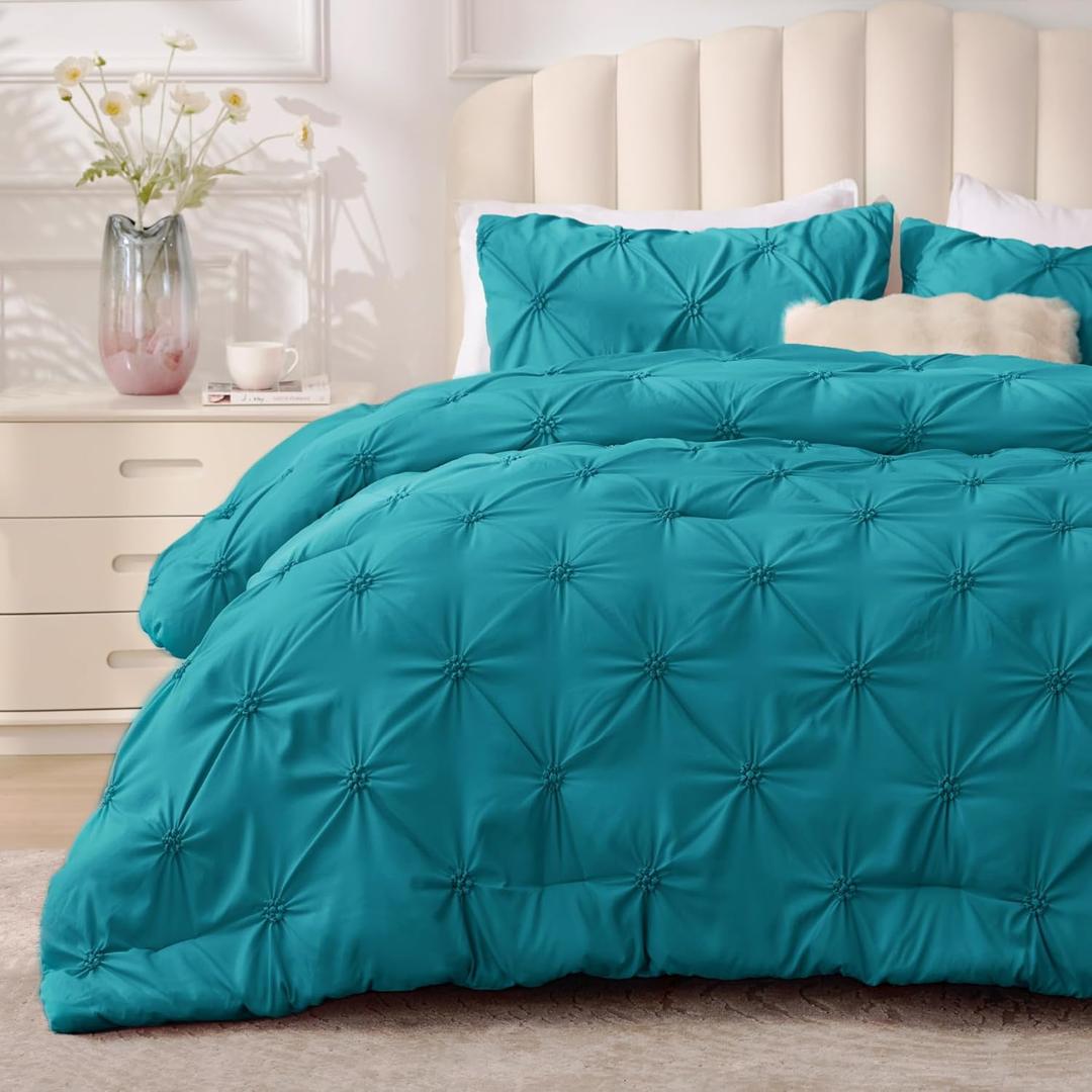 BEDELITE Teal Queen Comforter Set - 3 Pieces Boho Pintuck Bedding Comforter Sets, Lightweight Soft & Warm Bed Comforter Queen with 2 Pillowcases for All Season (Queen(88"x88"))