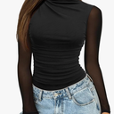 Saslax Women's Long Sleeve Sheer Mesh Mock Neck Ruched Thong Bodysuit Sexy Club Date Night Outfit Top Size Medium