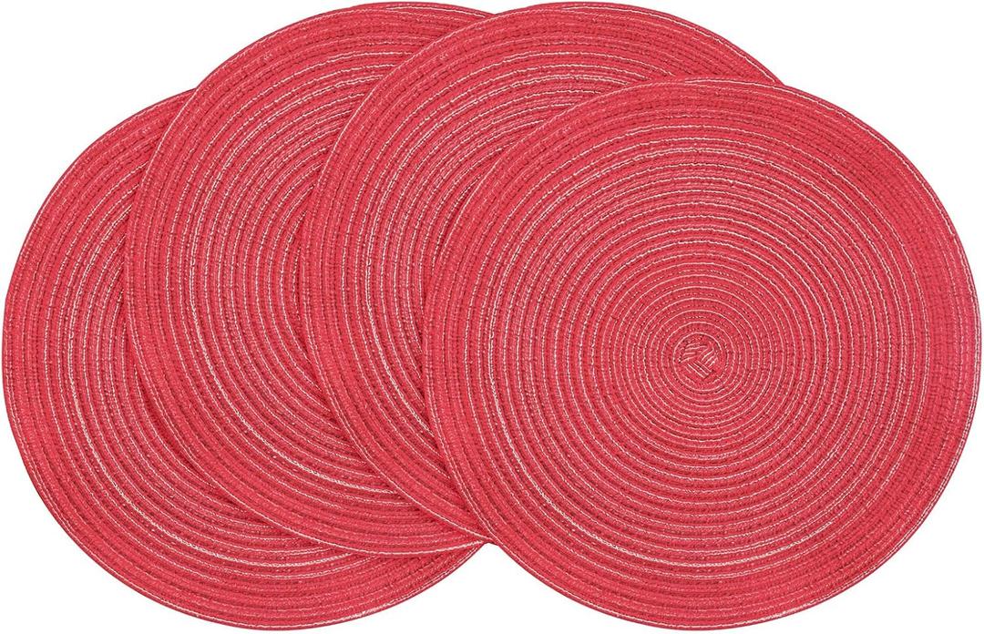 Floroom 15 Inch Round Braided Placemats Set of 4, Washable Heat Resistant Cotton Polyester Circle Place Mats for Kitchen Dining Table - Dark Red