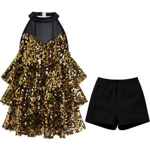 ODASDO Girls Sparkle Sequins Dance Outfit Latin Hip Hop Jazz Dancewear Halter Neck Sleeveless Top Dress with Shorts Set (M)