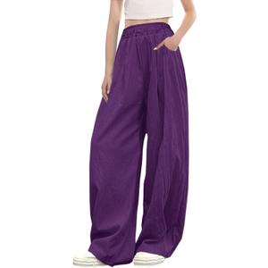 SANGTREE Girls & Woman Wide Leg Pants Lightweight Casual Elastic High Waist Straight Leg Loose Trousers,4 Years - Woman 2XL (Purple)