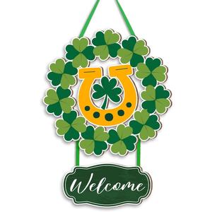 St Patricks Day Welcome Wood Hanging Sign Door Decorations, Shamrock Horseshoe St Patricks Day Wooden Sign Home Wall Decor, St. Patrick's Day Decorations for Home Office