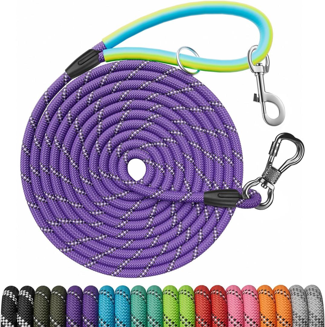 Long Dog Leash for Dog Training 10FT/15FT/20FT/30FT/40FT/50FT/100FT Reflective Leash with 2 Hooks, Heavy Duty Dog Lead for Large Medium Small Dogs Outside Walking Camping Yard, Purple 30FT