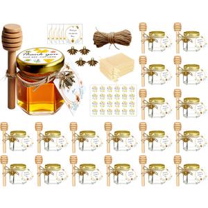 Adabocute 20 Pack Mini Honey Jars with Dipper - Perfect for Baby Shower Favors and Wedding Favors - Includes Bee Pendants Tags and Jute Bags - Gold Lid