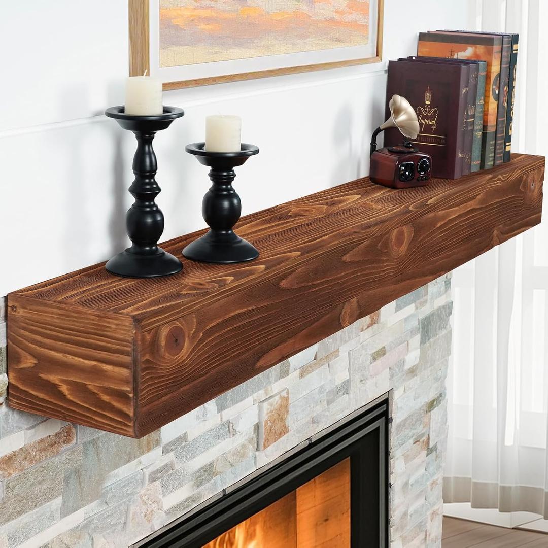 G GOOD GAIN Fireplace Mantel 54inch - Handmade Rustic Wood Mantel for Over Fireplace | Wall Mounted Floating Mantle Shelves for Living Room Decor(NormalWalnut, 54Lx5Hx8D)