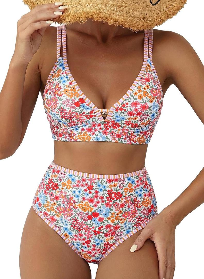 Herseas Women's 2 Piece Floral Print Bikini Sets V Neck Stitch Swimsuits High Waisted Bathing Suit Beach Summer Swimwear (L)