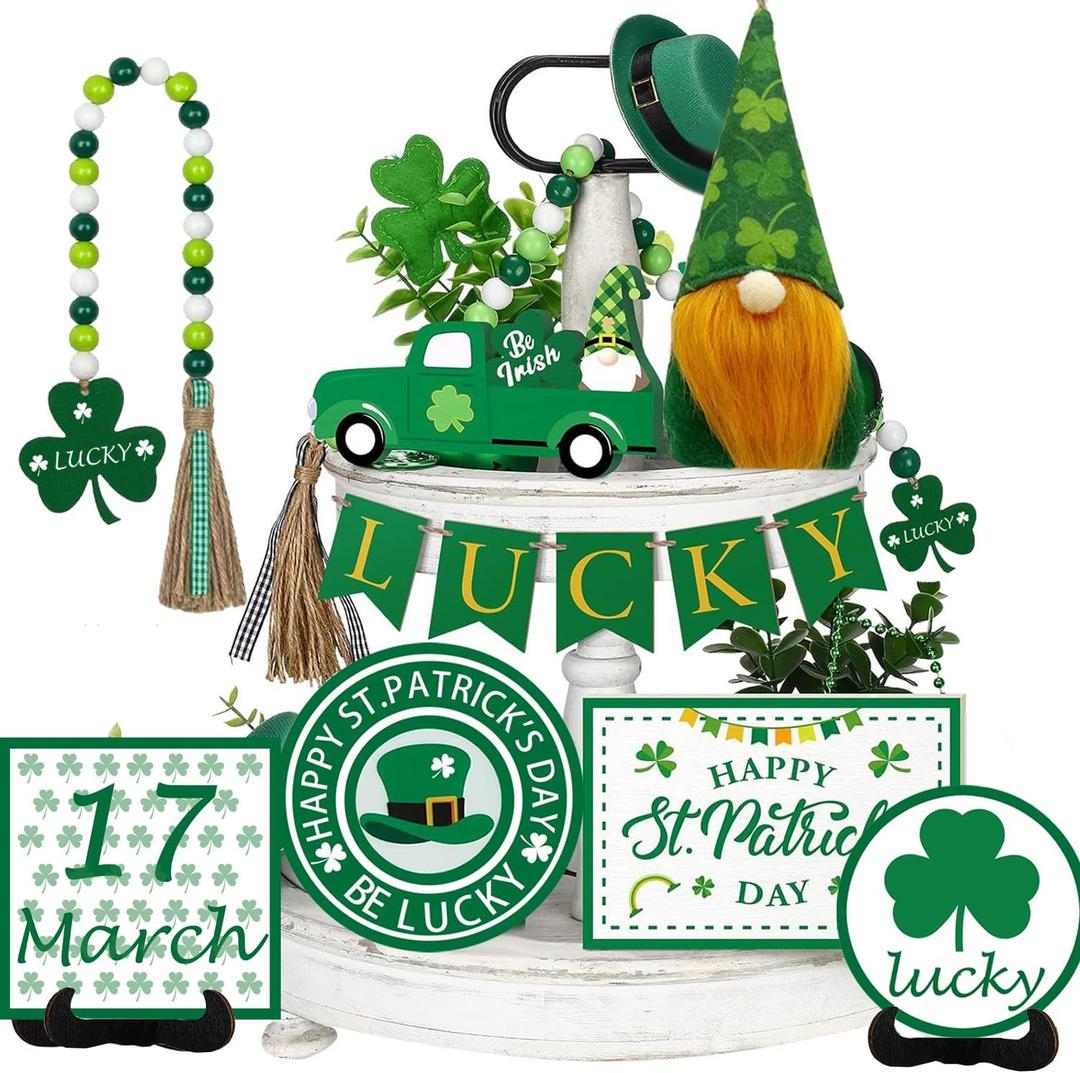 St. Patrick's Day Tiered Tray Decorations Set, Farmhouse Wooden Tiered Tray Decor for Holiday Rustic Home Kitchen Tier Tray Decor Set