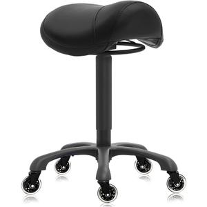 Salon Saddle Stool Adjustable Height - Heavy Duty 400LB Capacity, 360 Swivel Rolling Stool with Wheels - Ergonomic Chair for Barber, Tattoo, Office, Drafting, Makeup (No Backrest,Luxurious Black