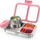 HOMEKOL Stainless Steel Bento Lunch Box + 9.5oz Insulated Food Jar, Pink | 2-Compartment Leak-Proof Container for Kids & Adults, BPA/BPS-Free, 18/8 Metal, Dishwasher Safe, Clear Tritan Lid