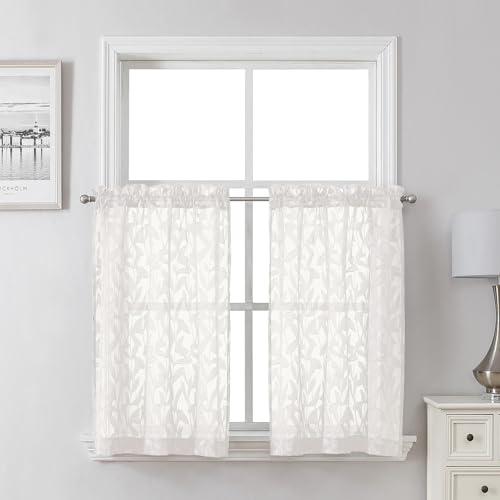 Lecloud Leia Ivory Sheer Curtains 30 Inch Length 2 Pcs, Jacquard Leaf Textured Voile Short Curtains with Dual Rod Pocket, Farmhouse Bedroom Living Room Kitchen Tiers, Each Panel 28" W x 30" L