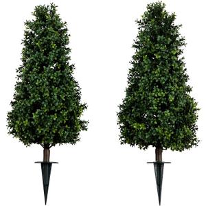 Nearly Natural 3ft UV Resistant Artificial Boxwood Plants, Set of 2, with Integrated Ground Stakes for Indoor Outdoor and Garden Decor