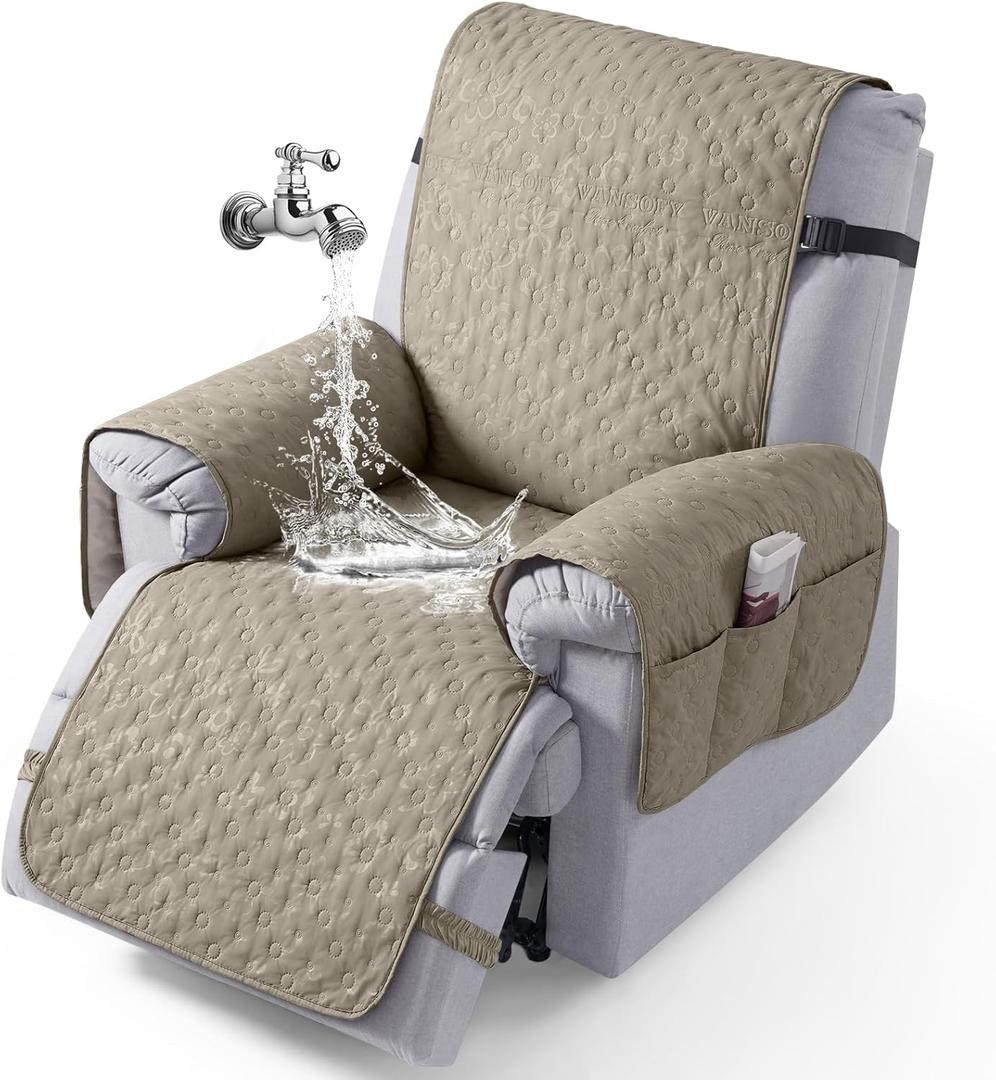 VANSOFY 100% Waterproof Recliner Chair Cover, Recliner Cover with Non-Slip Granule, Washable Reclining Chair with Pocket Furniture Protector for Kids, Pets(Khaki, 25")