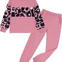 Girls Clothes Leopard Patchwork Sweatshirt Elastic Waist Sweatpants with Pockets 2PCs Girls' Clothing Sets (9-10 Years)