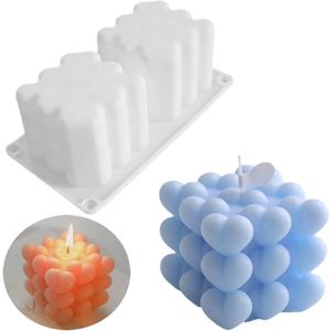 2 Cavity Heart Bubble Cube Silicone Candle Mold, DIY 3D Geometric Bubble Mold for Candle Making Resin Soap, Overlapping Heart Molds for Valentine's Day Gifts Home Decor