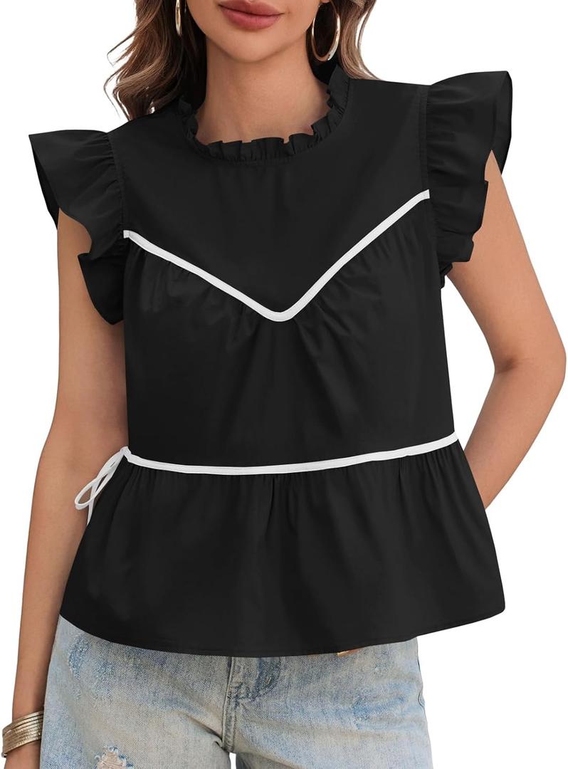 Cicy Bell Womens Ruffle Babydoll Tank Tops Summer Cotton Peplum Mock Neck Blouses Trendy Casual Pleated Bow Shirts (Large, Black)