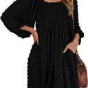 BTFBM Women Square Neck Smocked Dresses 2025 Summer Spring Long Sleeve Floral Swiss Dot Mini Boho Wedding Guest Dress (XX-Large, Black)