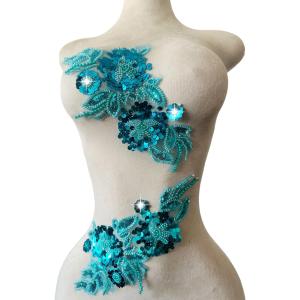 Handmade Sewing Sequin Beaded or Pearl Flower Fabric Lace Applique for Wedding Dress Gown Bodice Costume Clothing Craft DIY 2PCS/Bag 5.9X12.2inches (Sky Blue)