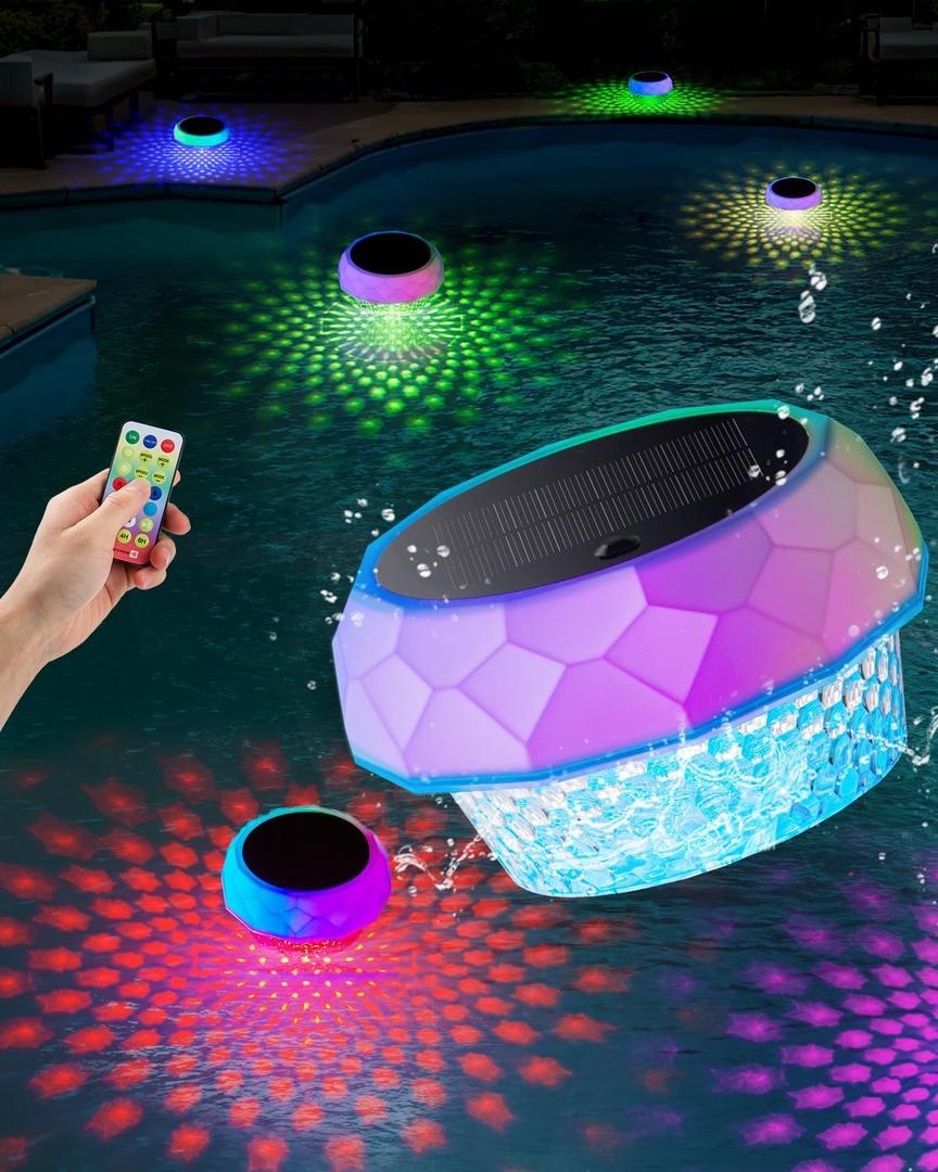 Floating Pool Lights, Rechargeable Solar Lights with Remote Control, Pool Lights That Float with RGB Dynamic Lighting, IP68 Waterproof LED Pool Lights Decor for Hot Tub Pool Garden Party (White)