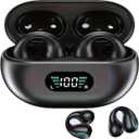 Open Ear Clip Bone Conduction Headphones Bluetooth, Sports Earphones Built-in Microphone with Earhooks & Ear Hook, Wireless Charging Case Display, Waterproof Fitness Headphones for Sports (Black)