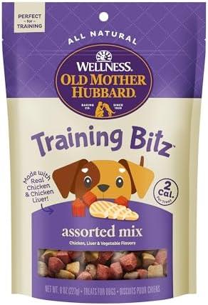 Old Mother Hubbard Wellness Training Bitz Assorted Mix Dog Biscuits, Natural, Training Treats, Three Flavors, Small Size, (8 Ounce Bag)