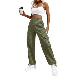 Lepunuo Women's High Waisted Cargo Pants Travel Y2K Streetwear Baggy Stretchy Pants with 6 Pockets Drawstring Ankle Cuffs (Large, Army Green)