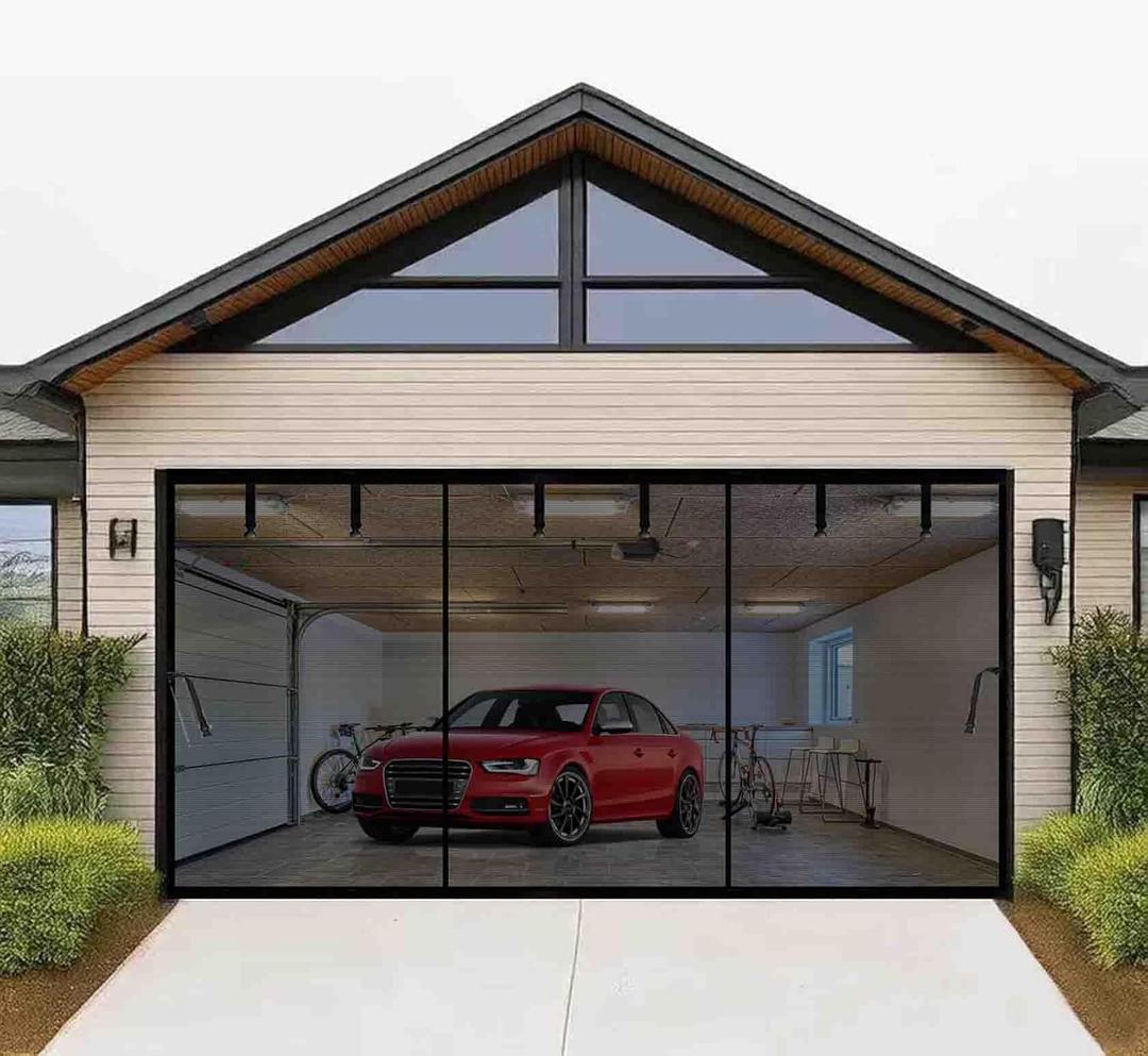 Magnetic Garage Door Screen 18x9ft for 2 Car Garage Retractable, Durable Heavy Duty Fiberglass Screen Mesh with Strong Magnets for Garage Door, Easy to Install (18x9ft Black)