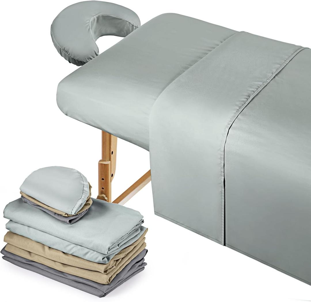 Kinlop 3 Sets Microfiber Massage Table Sheet Set 3 Colors 3 Piece Set Includes Massage Flat Sheet Fitted Sheet and Massage Face Rest Cover Stain Wrinkle-Resistant(Coffee, Bean Green, Gray)