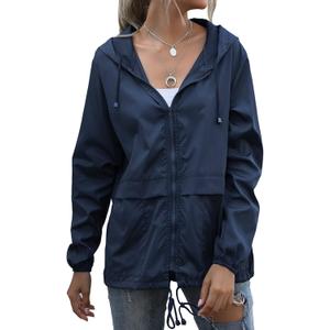 Women's Waterproof Raincoat Lightweight Rain Jacket Hooded Windbreaker with Pockets for Outdoor (Blue, L)