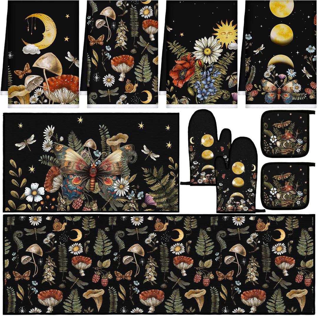 10 Pcs Kitchen Dish Towels Rugs Oven Mitts and Pot Holders Set Farmhouse Kitchen Decor Set for Women Mom Daughter Gift Cooking Baking Grilling(Rustic Color,Rustic Bohemia)