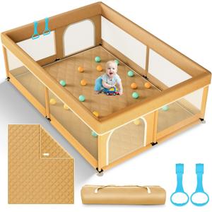 Omzer Baby Playpen with Mat 71"59" - Extra Large Playpen for Babies and Toddlers with Mat Included, Safety Playard for Baby with Gate, All-Wrapped Soft Sponge Baby Gate Playpen with Stable Mat Velcro (Beige)