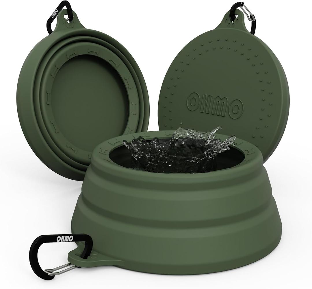 OHMO Spill Proof Collapsible Dog Water Bowl 24oz for Cars, No Splash Portable Bowls for Dog Travel, Dishwasher Safe, Pet Essentials for Road Trips, Cat Travel Accessories (Camo Green)