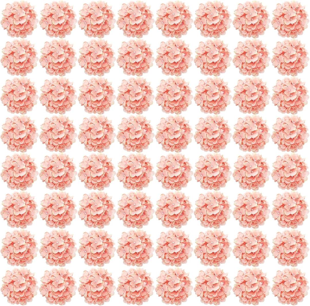 Auihiay 64 PCS Full Hydrangea Flowers, Silk Hydrangea Artificial Flowers Heads with Stems, Artificial Flowers for Wedding, Garden, Baby Shower, Party, Outdoor Indoor Decoration (Light Peach)