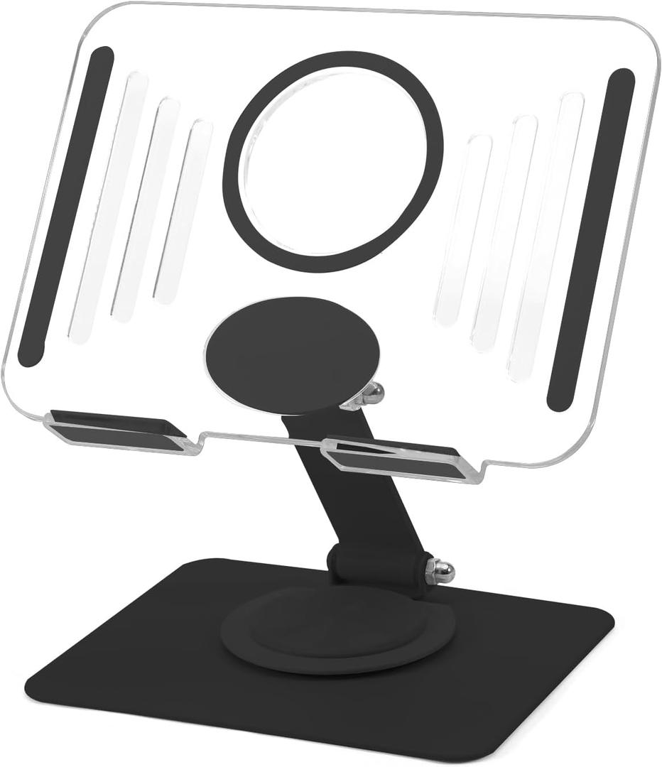 Adjustable Clear Tablet Holder, Foldable Acrylic Tablet Stand,360 Degree Rotating Aluminum Base for Home Office Desk, Portable iPad Stand for Desk (Black 2)