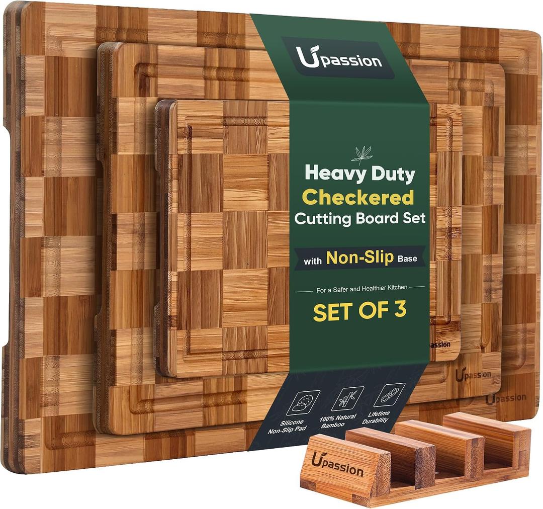 Heavy Duty Bamboo Cutting Board Set 3 Pack Non Toxic Juice Groove Charcuterie Board Book Wood Cutting Boards for Kitchen Solid End Grain Wood Chopping Board Large Butcher Block, Set of 3
