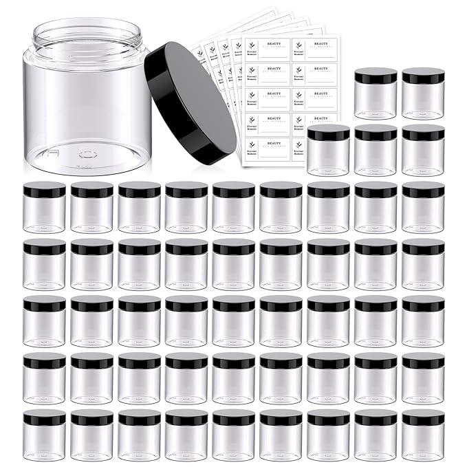 50 Pack 4 OZ Plastic Jars Round Clear Cosmetic Container with White Lids, Eternal Moment Slime Jars for Lotion, Cream, Ointments, Makeup, Eye shadow, Rhinestone, Samples, Pot, Travel Storage