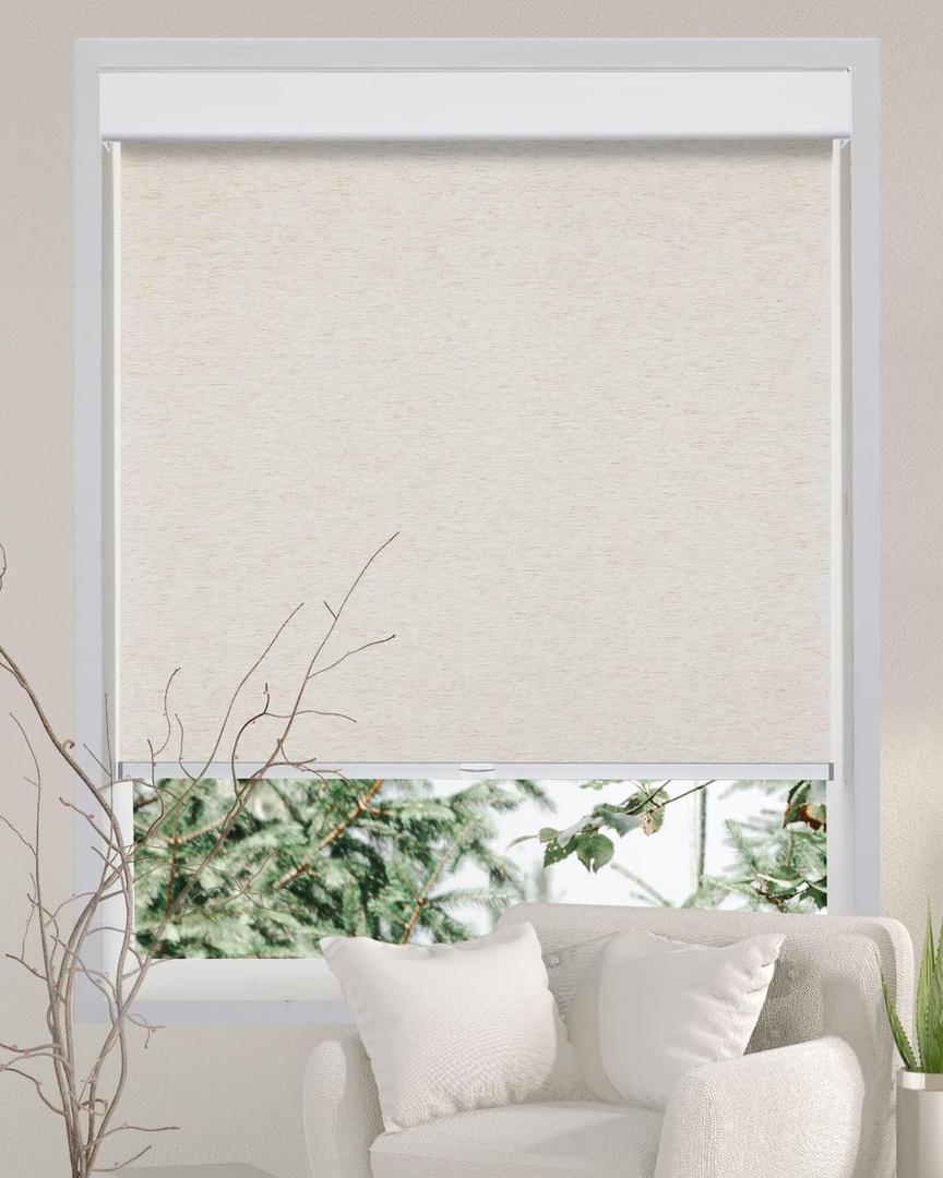 Persilux Free-Stop Cordless Roller Blinds Light Filtering Roller Shades for Windows Natural Woven Fabric Thermal Insulation Roller Window Blinds for Windows, Home, Living Room, (Cream 25" W x 72" H)