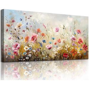 crmotu Floral Botanical Wall Art, Blooming Wildflowers Large Artwork, Flower Market Canvas Art Prints, Meadow Plant Nature Wall Decor, Rustic Wall Paintings for Living Room Bedroom Farmhouse 20"X40" (Colorful Flower Sea)
