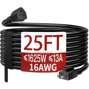 16/3 25 FT Outdoor Extension Cord Waterproof, Weatherproof & Flame Retardant Black 3 Prong Power Cord Outside for Lawn & Garden, 13 Amps 1625 Watts 125 VAC 16AWG SJT