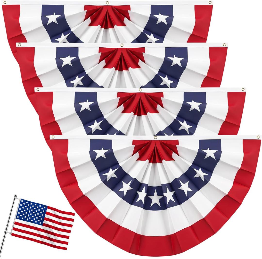 3x6 Ft American Pleated Fan Flag 4pcs with US Flags and Flag Pole, Patriotic Half Fan Bunting Flag Outdoor for Red White and Blue Decor 4th of July 250th Anniversary Memorial Day Decor