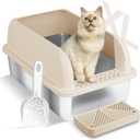 Chenove Extra Large Stainless Steel Litter Box with Lid, High Wall Enclosed Cat Litter Boxes for Anti-Leakage, XL Metal Litter Box with Scoop, Easy Clean Cat Box for Multi Cats, Non-Sticky Litter Pan (6" Deep, Beige&Sliver)