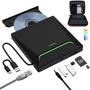 New External CD DVD Drive, Cool DVD Burner USB 3.0 with Ethernet Adapter, 3 USB and 2 TF/SD Card Ports, CD DVD Player Reader Writer Optical Disc Drive for Laptop PC Windows Mac with Carrying Case