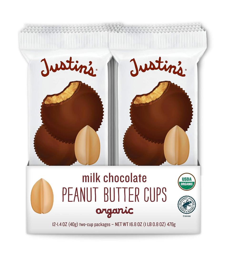 Justin's Organic Milk Chocolate Peanut Butter Cups, Rainforest Alliance Certified Cocoa, Gluten-free, Responsibly Sourced, 12 Pack (2 cups each) (EXP 11/25/26)