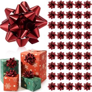 Yilloog 48 Pcs Valentines Gift Bow for Gift Wrapping Star Pattern Bulk 4 Inch Xmas Large Ribbon Bows Self Adhesive Color Star Metallic for Holiday Presents Box(Wine Red)