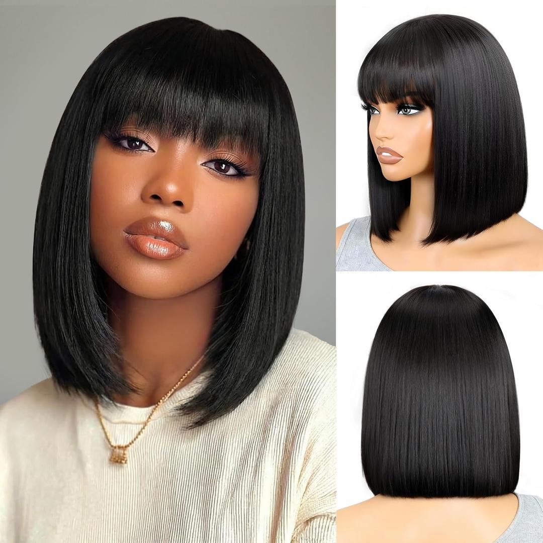 Bob Bangs Human Hair Wig Silky Straight Glueless Wigs Human Hair 180% Density Machine Made Wigs for Women 12Inch